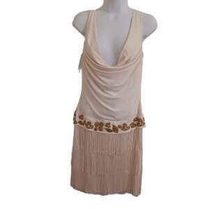 Fringe Flapper Dress sleevless Cream Gold.Embroidered READ